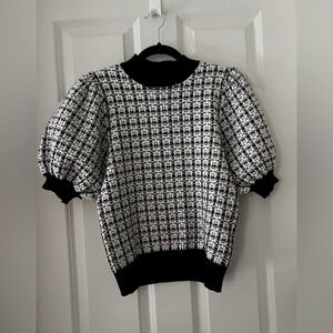 THML Tinsel & Tweed Short Puff Balloon Sleeve Sweater Black/white & gold tinsel